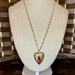 Gold Heart Pendant Necklace with Multicolor Crystals